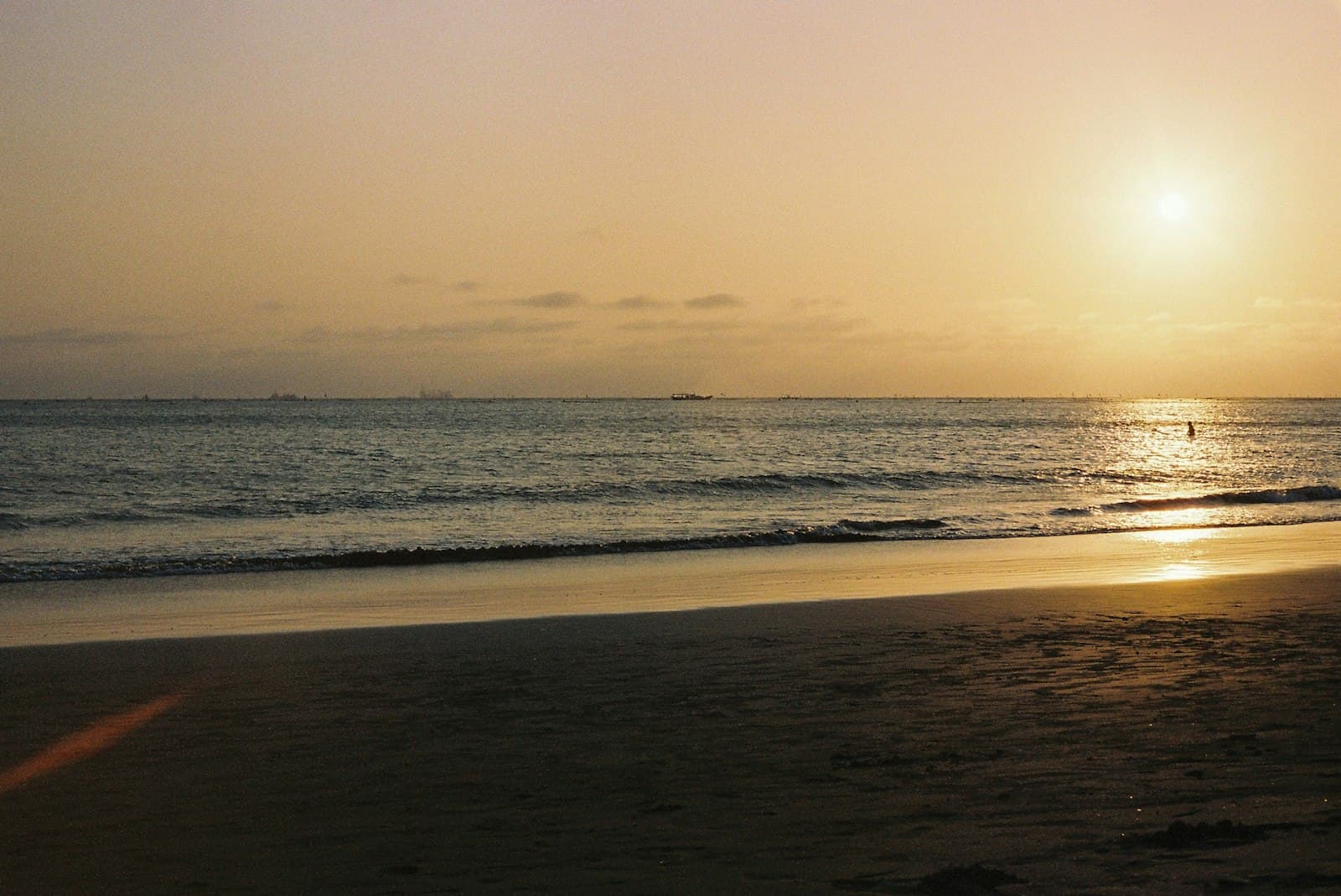 黃昏的海岸線，夕陽把海面染成金色